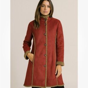 Vtg LL Bean Sherpa Pennylane Coat Womens M Cranberry Red Faux Suede Heavy Long